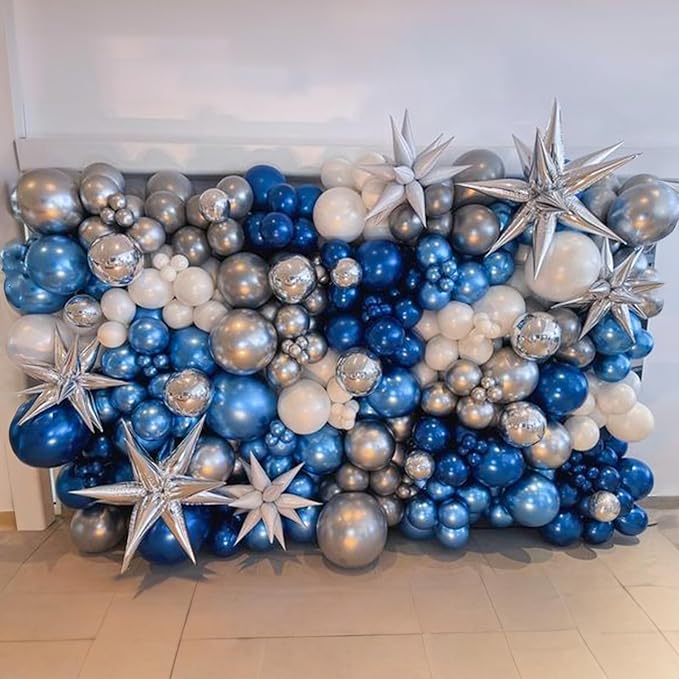 Blue White Silver Balloon Arch Kit, Navy Blue Silver White Balloon Garland with Metallic Dark Blue Light Blue Silver Balloons for Boys Men Birthday Baby Shower Graduation Wedding Party Decorations