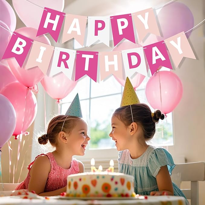 Happy Birthday Banner Sign, Birthday Garland Wall Door Hanging Banners Flag for Women Men Boys Girls Party Backdrop Decorations, Personalized Name Banner White Letters Pink and White ﻿