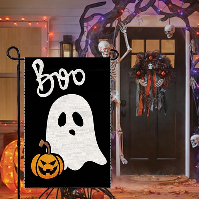 Halloween Garden Flag Ghost Welcome Small Flags for Outside, 12x18 Inch Spooky Boo Double Sided Burlap Holiday Fall Banner Yard Outdoor Decoration