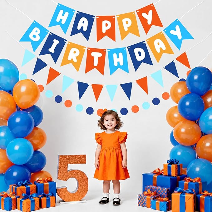 Blue & Orange Happy Birthday Banner, Happy Birthday Decorations Hanging Birthday Sign Circle Dot Triangle Bunting for Women Men Girl Boy Party Supplies