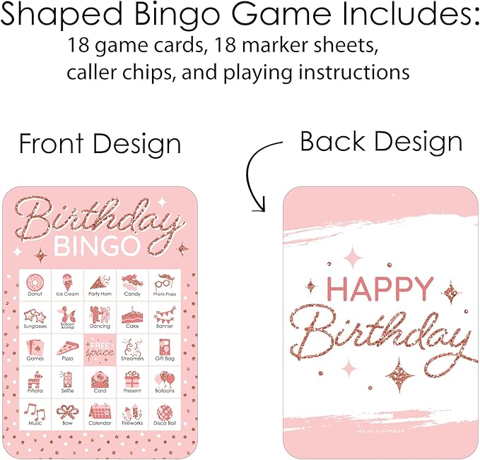 Big Dot of Happiness Pink Rose Gold Birthday - Picture Bingo Cards and Markers - Happy Birthday Party Bingo Game - Set of 18