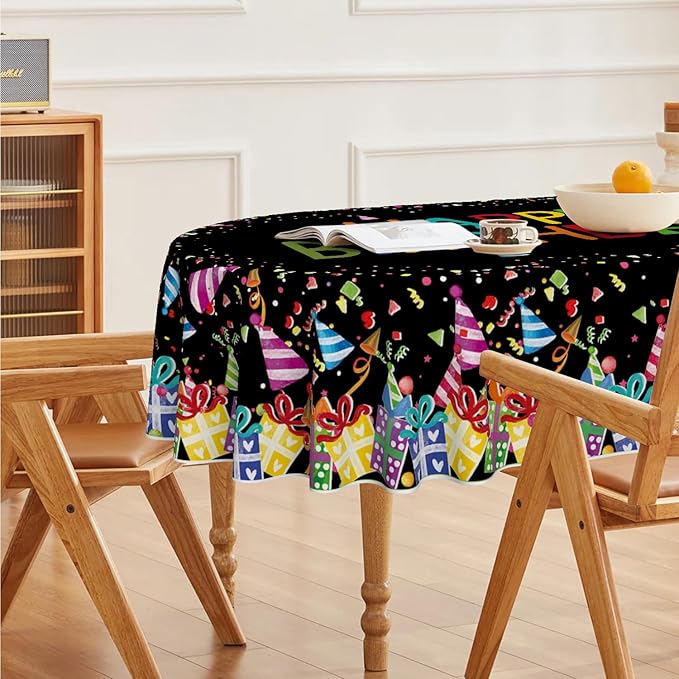 Horaldaily Birthday Tablecloth 60x84 Inch Oval, Happy Birthday Ballon Black Washable Seasonal Table Cover for Party Picnic Dinner Decor