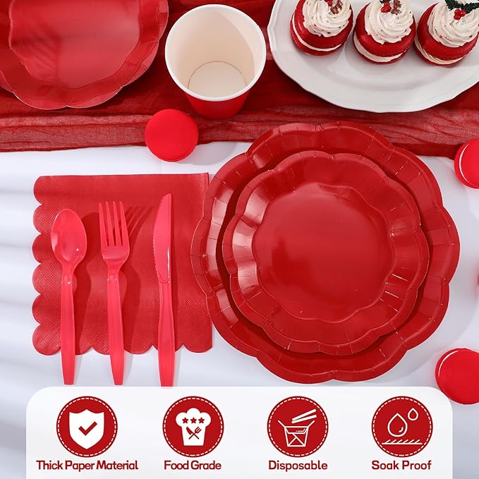 175 Pcs Red Paper Plates and Napkins Set Include 9" Dinner Plates, 7" Dessert Plate Disposable Scalloped Tableware Serve 25 Guest for Wedding Baby Shower Bridal Shower Birthday Mother's Day