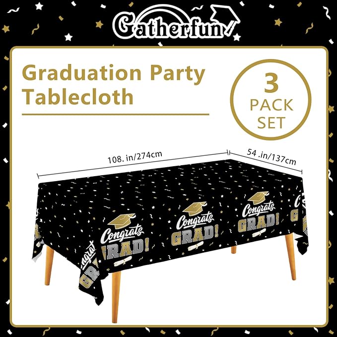 Gatherfun Graduation Decorations, Gongrats Grad Tablecover for Graduation Party Supplies, 3 pcs Class of 2026 Table Cloths, 54"x108" (Black and Gold) ﻿