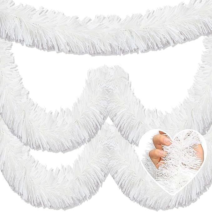 25 Feet Christmas Tinsel Garland, Metallic Twist Garland Wall Hanging Tinsel Garland Backdrop for Parade Floats, Carnival, Birthday, Wedding, New Year Party Decorations (Macaron White, 4in x 25ft)