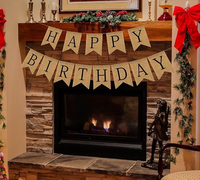Happy Birthday Banner - Burlap Black Happy Birthday Sign - Neutral Birthday Party Decorations for Man/Woman/Boy/Girl