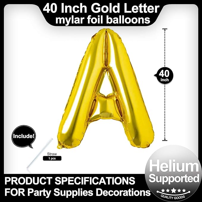 40 Inch Gold Letter A Balloons, DIY Phrase Foil Alphabet Letter A Balloons DIY Word A Banner for Birthday Anniversary Celebration Graduation Party Supplies Decoration