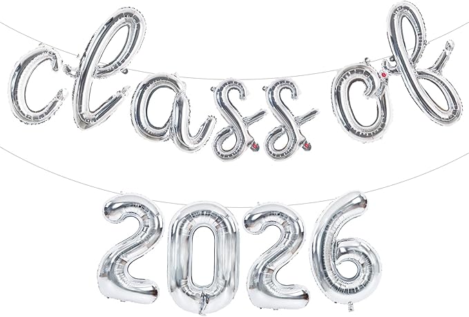 TONIFUL Silver Cursive Class of 2026 Graduation Balloon Banners 2026 Commencement Decor Grad Foil Balloons 2026 Congrats Grad Balloons for Class of 2026 Congratulation Graduation Party Supplies