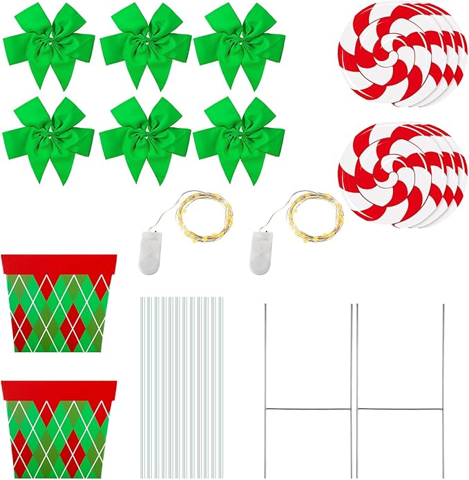 Skylety 2 Sets Christmas Peppermint Cane Candy Outdoor Decorations with 44 Inch Lawn Yard Stake with LED String Lights for Green Christmas Front Door Home Farmhouse Garden Outside Party(2 Sets)