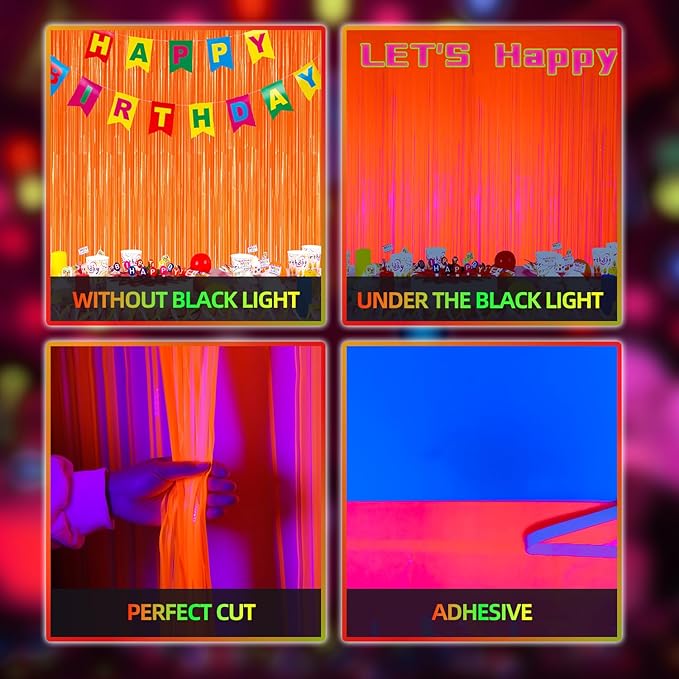2 Pack Foil Fringe Backdrop - Fluorescent Orange Shiny Tinsel Curtains for Party Decoration/Photo Booth Props - 3.3x6.6 FT Metallic Foil Backdrop for Birthday, Wedding, Graduation, Christmas
