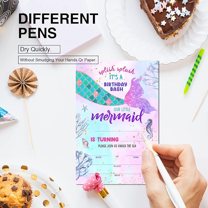 Soiceu Cute Under the Sea Mermaid Birthday Party Invitations with Envelopes Set of 20 Purple Pink Girl Birthday Party Invites