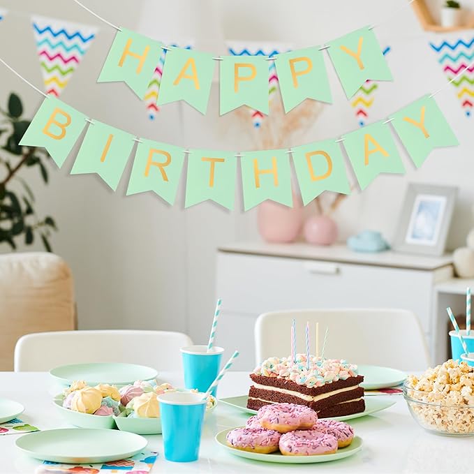 Green Happy Birthday Banner - Mint Green Hanging Backdrop Sign with Gold Letters, Happy Birthday Sign Bunting Decorations for Women men Kids Baby Shower Party Supplies (13pcs)