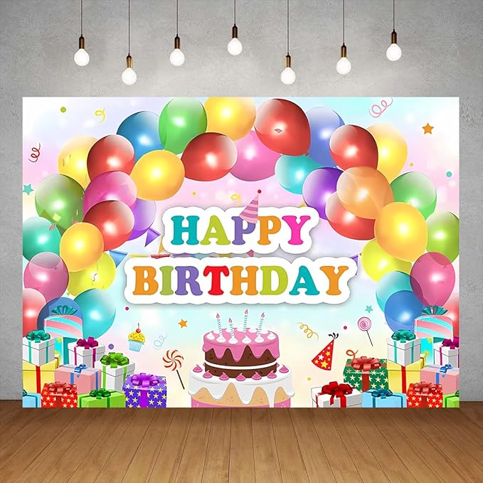RTN Balloons Happy Birthday Party Backdrop Gifts Birthday Cake Table Background Decoration Rainbow Balloon Sweet Candy Photocall Vinyl