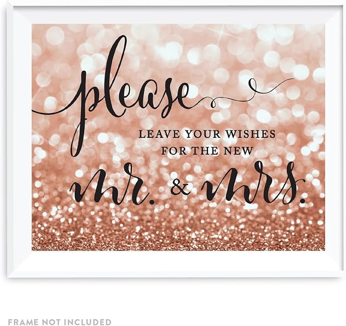 Andaz Press Wedding Party Signs, Glitzy Rose Gold Glitter, 8.5x11-inch, Please Leave Your Wishes for the New Mr. & Mrs., 1-Pack, Bokeh Colored Party Supplies