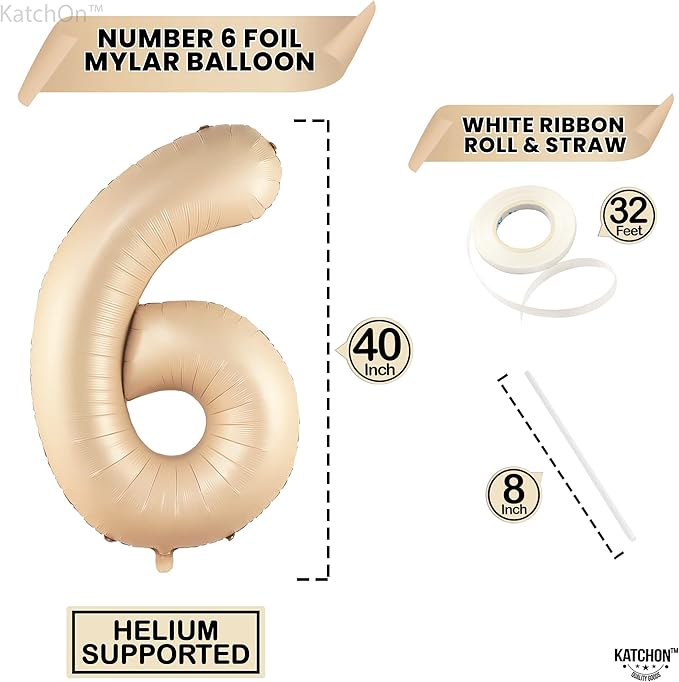 KatchOn, Giant Caramel Number 6 Balloon - 40 Inch | 6th Birthday Balloon for 6th Birthday Decorations | 6 Balloons for Birthday | Six Number | 6 Year Old Balloons for 6 Year Decorations