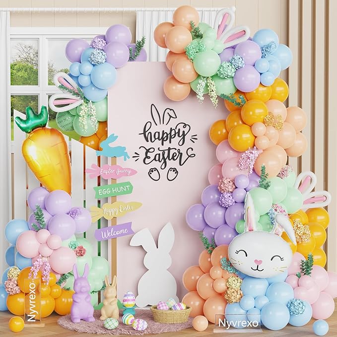 157Pcs Easter Balloon Arch Kit, Pastel Easter Balloon Garland with Bunny Rabbit Carrots Foil Balloons for Baby Shower Party, Spring Birthday, Easter Decorations Indoor Outdoor