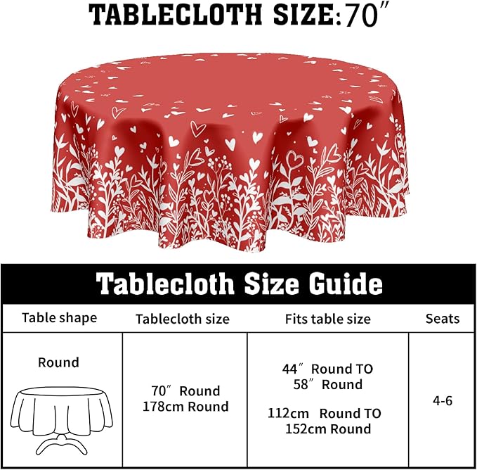 Valentine's Day Round Tablecloth 70 Inch Red Heart Pattern Circle Table Cloth Spring Holiday Table Cover Washable Polyester Decorations for Home Kitchen Dinning Party