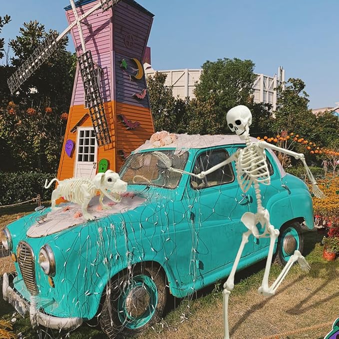 WODMAZ 5.4Ft Posable Halloween Skeleton, Full Body Life Size Skeleton with Dog Skeleton for Halloween Spooky Party Props Decor