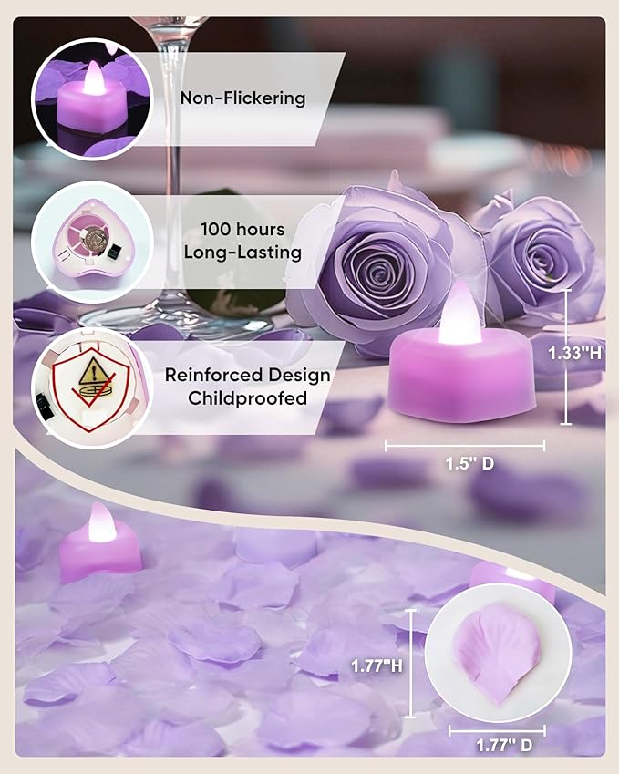 Amagic 1000 Pieces Light Purple Artificial Rose Petals with 12 Light Purple LED Tea Lights, Rose Petals and Candles Set for Proposal, Anniversary, Romantic Night, Wedding Decor