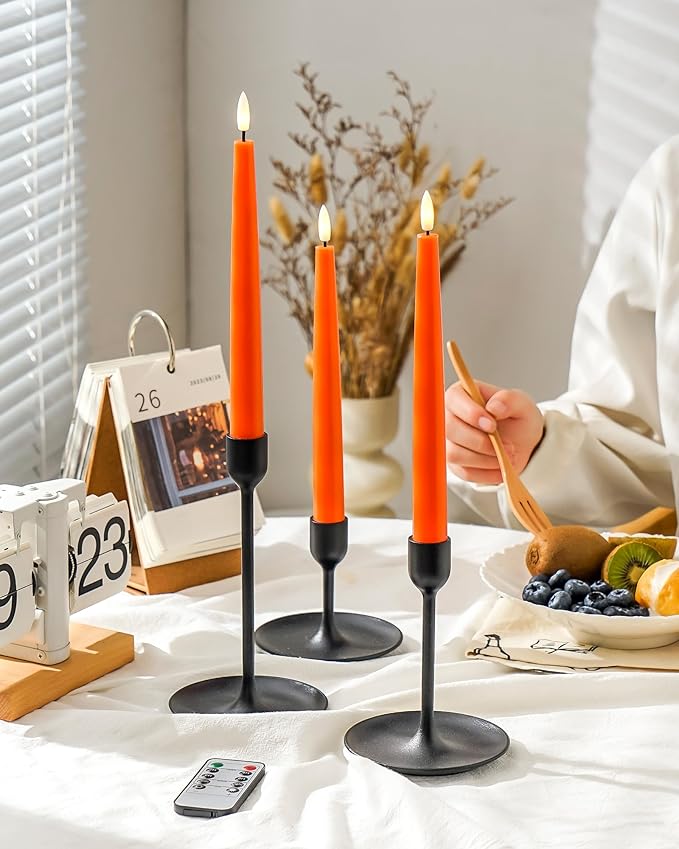 Orange Flameless Taper Candles with Remote and Timer, 9.65 Inch Real Wax LED Candlesticks, Fall Taper Candles Battery Operated with 3D Flickering Flame, Thanksgiving Candles for Table, 3 Pack
