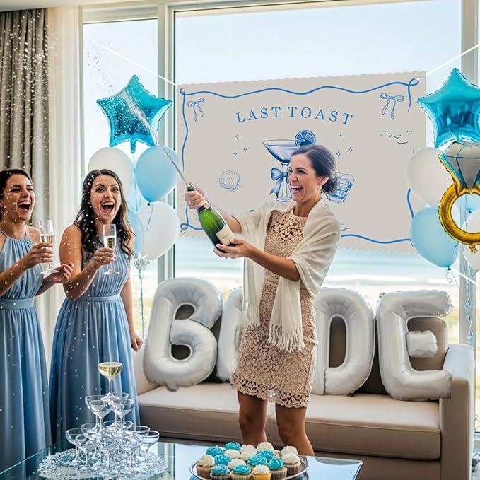 Last Toast on the Coast Bachelorette Decorations Blue bridal shower Blue Balloon Garland Kit with Backdrop Huge 40 inch BRIDE letter Diamond Ring balloons for Hen Party Wedding Engagement supplies