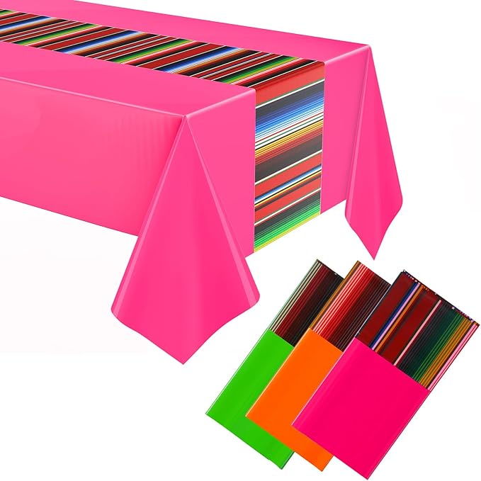 Oudain 3 Pcs Fiesta Tablecloth 108 x 54 Inch Plastic Tablecover Waterproof Mexican Tablecloth Mexican Striped Table Cover for Taco Night Festive Fiesta Wedding (Green,Orange,Pink)