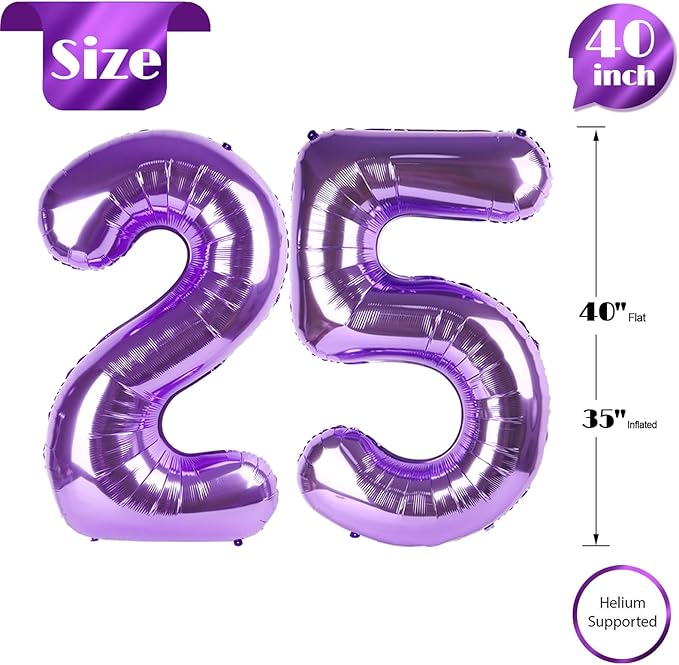 25 Balloon Number, Purple Number 25th Birthday Balloons 40 Inch, 25 or 52 Years Old Purple Birthday Decorations for Men Women, 25th Anniversary Decorations