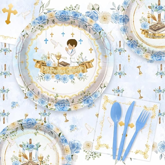 194 Pcs Mi Primera Comunion Baptism Party Decorations for Boy Blue First Holy Communion Party Supplies God Bless Disposable Tableware Set with Plates Napkins Cups Tablecloth Serves 24