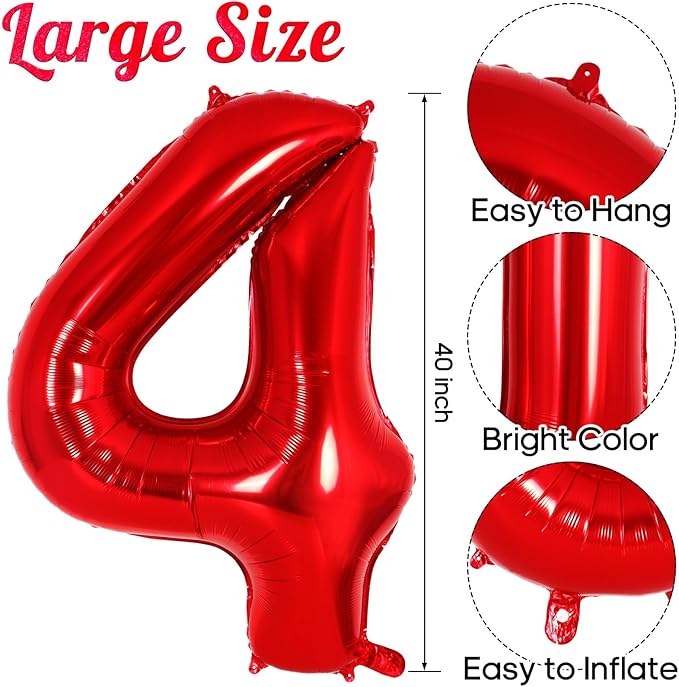 Red Number 4 Balloon 40 Inch, Big Large Foil Helium Number Balloons, Jumbo Giant Mylar Number 4 Balloons for 4 Year Old Birthday Red Party Decorations Supplies Anniversary
