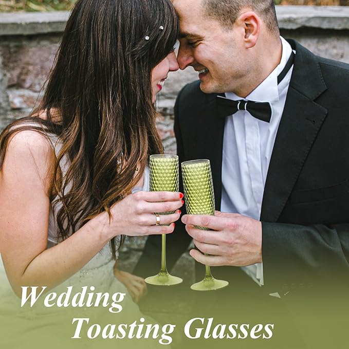 Plastic Champagne Flutes Champagne Glasses Unbreakable Wedding Toasting Glasses Reusable Diamond Wine Glasses Crystal Clear Party Wine Cups Vintage Drinking 5.5 OZ for Wedding (12, Green)