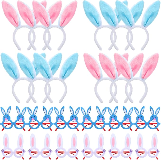 48 Pcs Easter Headbands and Glasses Set, Bunny Ears Bulk with Cute Bunny Glasses, Plush Spring Costume for Adults Easter Photo Props Party Favors
