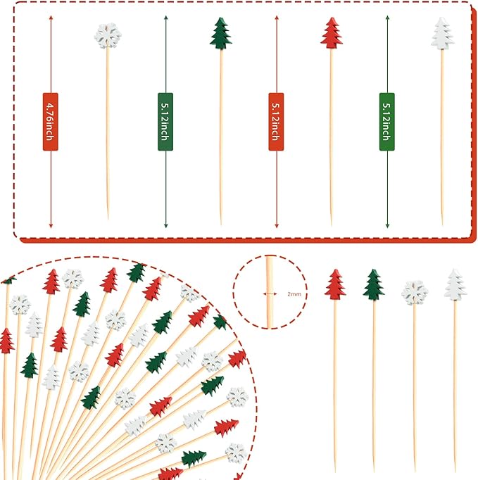 100pcs Xmas Tree Snowflake Cocktail Picks 4.7" Long Food Toothpicks Fruit Sticks Sandwich Appetizer Charcuterie Skewers, Made of Bamboo Wood, for Winter Snow Christmas Decoration Party Supplies