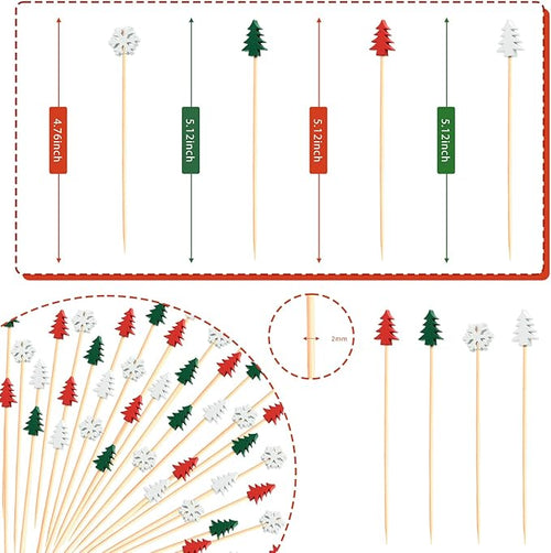100pcs Xmas Tree Snowflake Cocktail Picks 4.7" Long Food Toothpicks Fruit Sticks Sandwich Appetizer Charcuterie Skewers, Made of Bamboo Wood, for Winter Snow Christmas Decoration Party Supplies