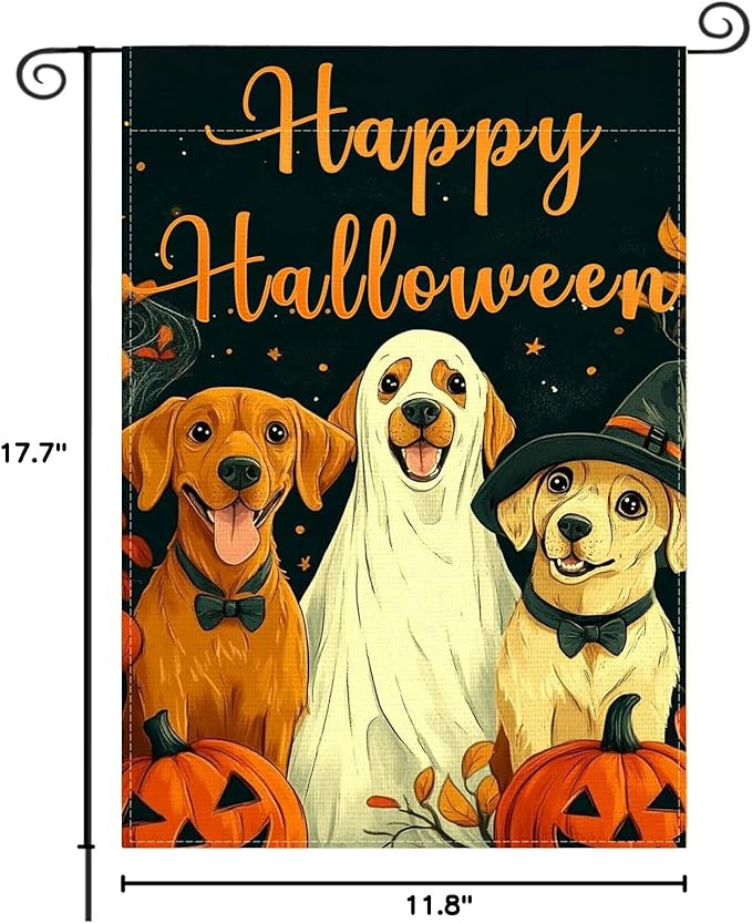 Fall Garden Flag for Outside, Happy Halloween Pumpkin Dog Garden Flags - 12x18 Inch Double Sided, Halloween Fall Decorations Outdoor, Burlap Halloweens Gardens Flag Decor for Outside Home, Falls Flags
