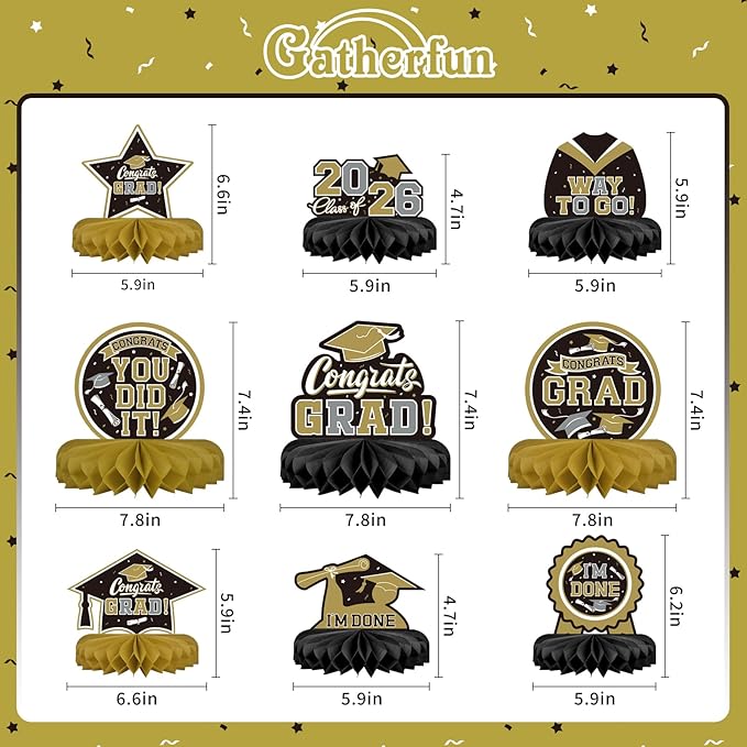9PCS Graduation Party Decorations Class of 2026 Congrats Grad Table Centerpiece Congratulate Graduation Honeycomb Table Toppers for Graduation Party Supplies(Black）