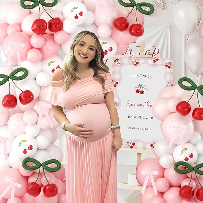 JOGAMS Cherry Balloon Arch Kit,192Pcs Cherry Party Decorations with Red Green 260 Balloons Pink Ribbon Bows for Cherry On Top Baby Shower Birthday Bridal Shower Wedding Galentine's Valentine's Day