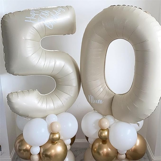 Beige 50 Birthday Balloon Numbers, 40 Inch Large Cream Foil Number 5 and 0 Balloons for Women, 50th Birthday Balloons White Sand for 50 Year Old Men Anniversary Birthday Party Decorations Supplies