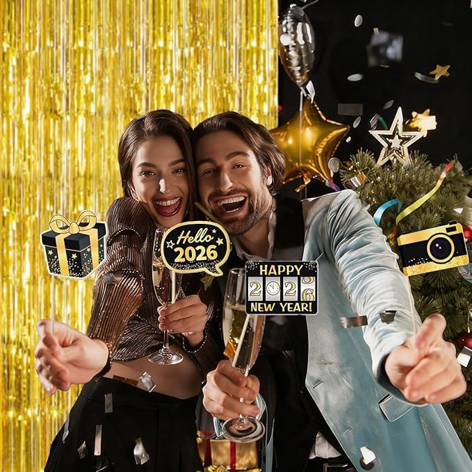 Happy New Years Decorations 2026, New Year Eve Party Supplies Kit Included Foil Curtains Banner Photo Frame Headband Glasses NYE New Year Party Glasses Foil Ballons Party Favor Decor