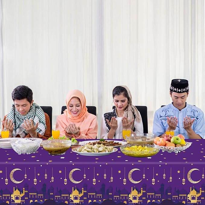 3 Pieces Ramadan Mubarak Tablecloths for Eid Mubarak Decorations Plastic Disposable Happiness Ramadan Eid Al-fitr Party Table Covers for Rectangle Tables Ramadan Party Favors, 54 x 108 Inches（Purple）