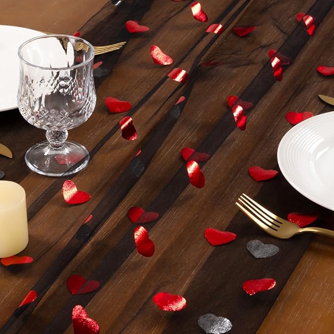 Socomi Valentine's Day Red Heart Table Runner Gauze Sheer Romantic Sequin 10FT Glitter Metallic Foil Dining Wedding Birthday Party Baby Shower Holiday Centerpiece Table Decor Black