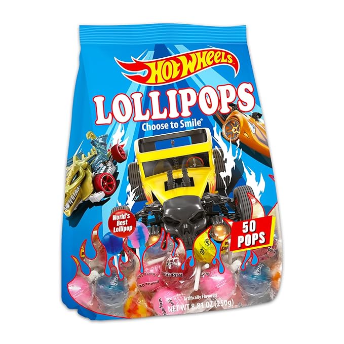 Hot Wheels Lollipops Bulk Pack - 50 Individually Wrapped Halloween Hard Candy Suckers, Sweets Treats, Tattoos - Assorted Pop Flavors Party Favors