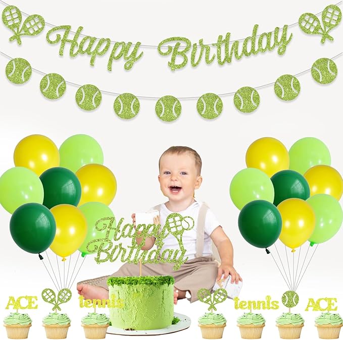 Green Tennis Sports Themed Decor - Latex Balloons, Cake Toppers, Glitter Banners & Baby Shower Inspirations