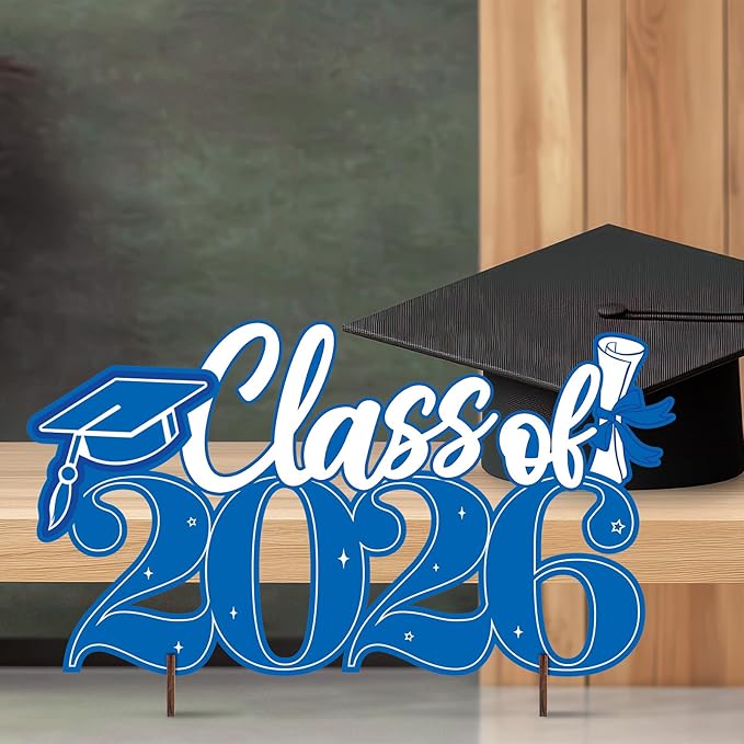2026 Graduation Signs Decorations, 7 Pcs Class for 2026 Wooden Sign Graduation Party Photo Booth Prop, Wood Cutout High School College Graduation Ceremony Decor Supplies (Blue & White)
