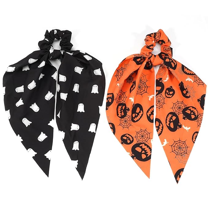 Halloween Hair Ties for Woman Girls Ghost Pumpkin Bat Hair Scrunchies Spooky Spider Web Elastic Ribbon Bow Hair Tie Halloween Party Supplies Hair Accessories 2PCS