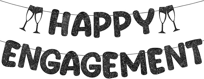 Breling Pre Strung Happy Engagement Banner Glitter Engagement Party Decorations for Congratulations Engaged Wedding Shower Signs Decor(Black)