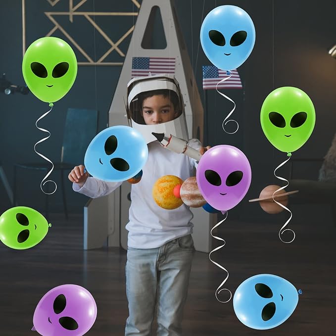 Whaline 65Pcs Alien Balloons Green Blue Purple Alien Party Latex Balloons UFO balloons Outer Space Aliens Decorations for Birthday Party Baby Shower Supplies Home Backdrop Decorations