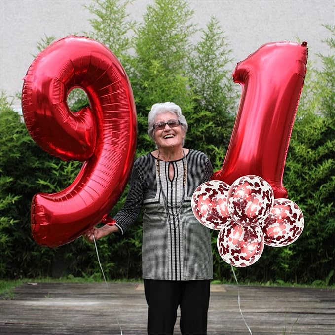 40 Inch 15 Foil Balloons - Number 15 Large Red Helium Balloons with Confetti, Self Inflating for Girls Boys Women Anniversary Party Decorations
