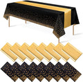 16Pack Disposable Plastic Tablecloths and Satin Table Runner Set Black Gold Dot Table Cloth Gold for Graduation Wedding Birthday Baby Shower Anniversary Holiday Party Decorations