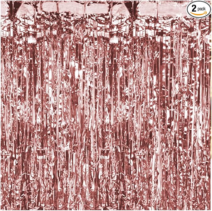 Pack of 2 Rose Gold Foil Fringe Curtains – Rose Gold Tinsel Backdrop for Photo Booth, Birthday, Wedding, Baby Shower, Bachelorette, Christmas & Holiday Party Decorations