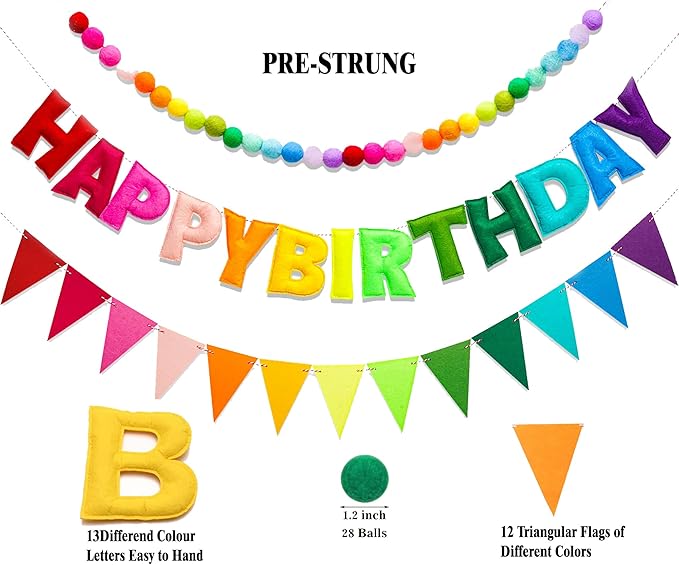 Pre-Strung Happy Birthday Banner,3D Effect Rainbow Birthday Party Decorations with Felt Garland, Pom Pom Garland, Felt Triangular Flag,Reusable Party Supplies for Kids Adults & Pets